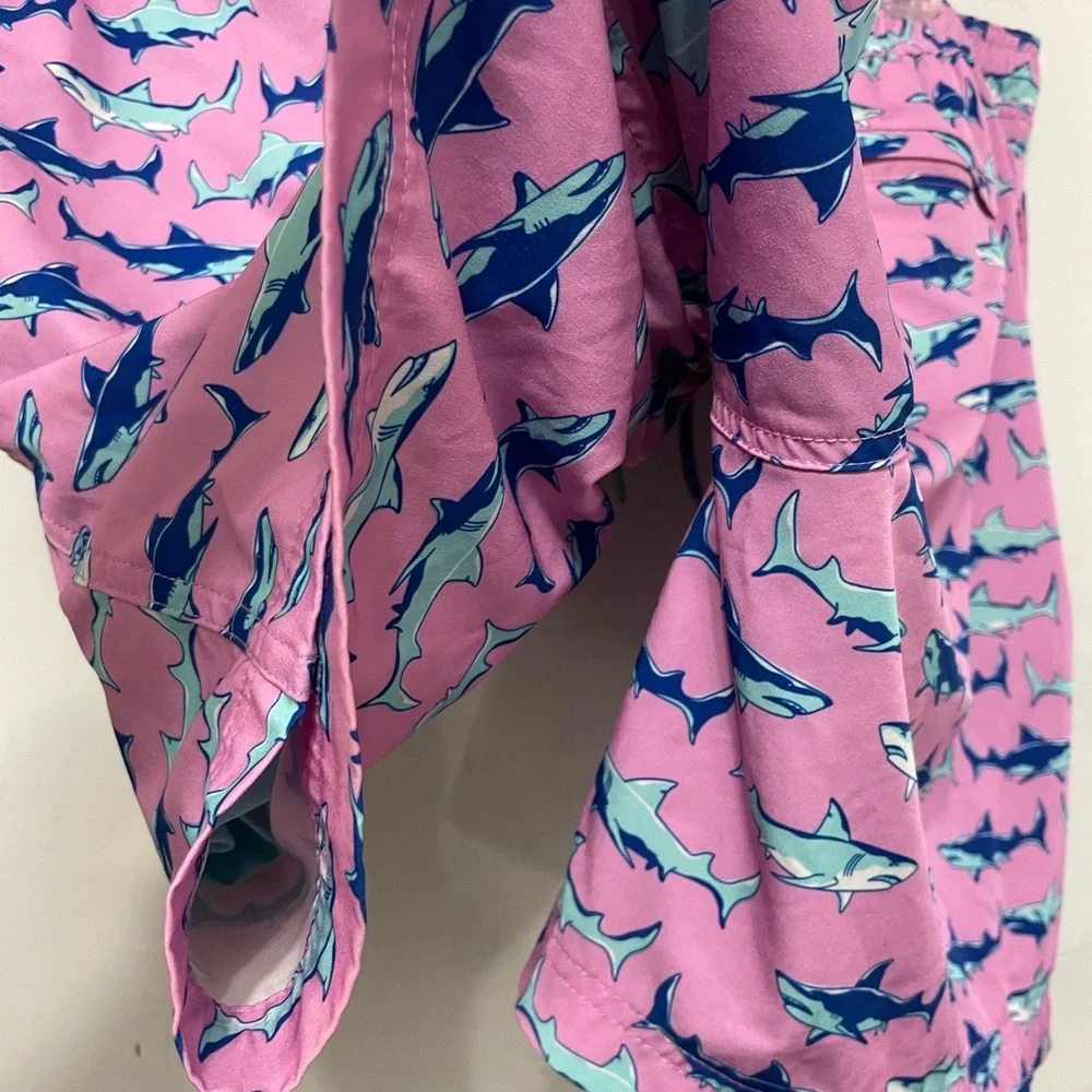 Men's resort swim trunk four-way stretch quick dry shark print zip pocket size L